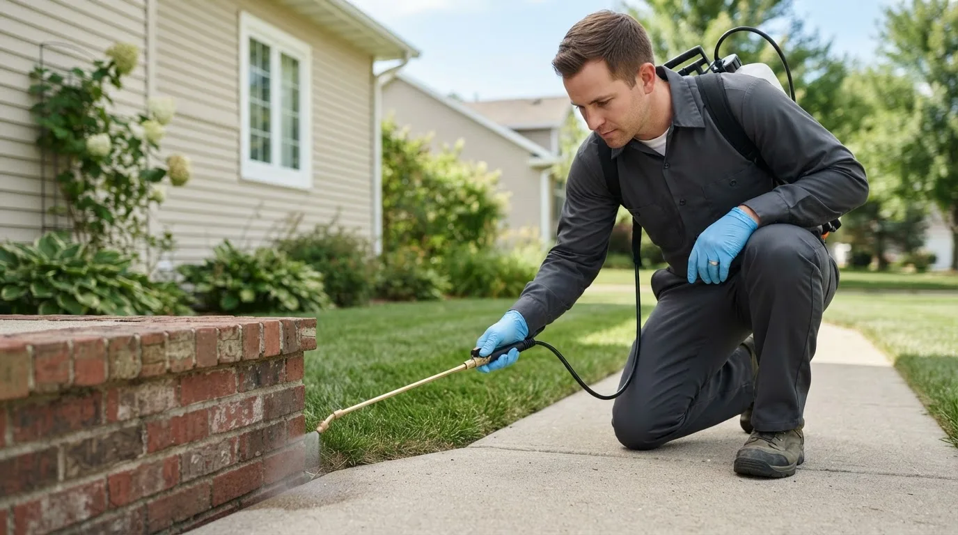 Pest control technician treating a home near Smithville, IN