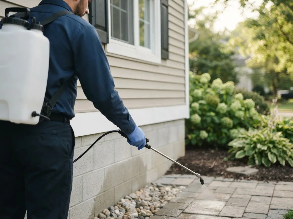 Pest control technician inspecting a home in Smithville, IN